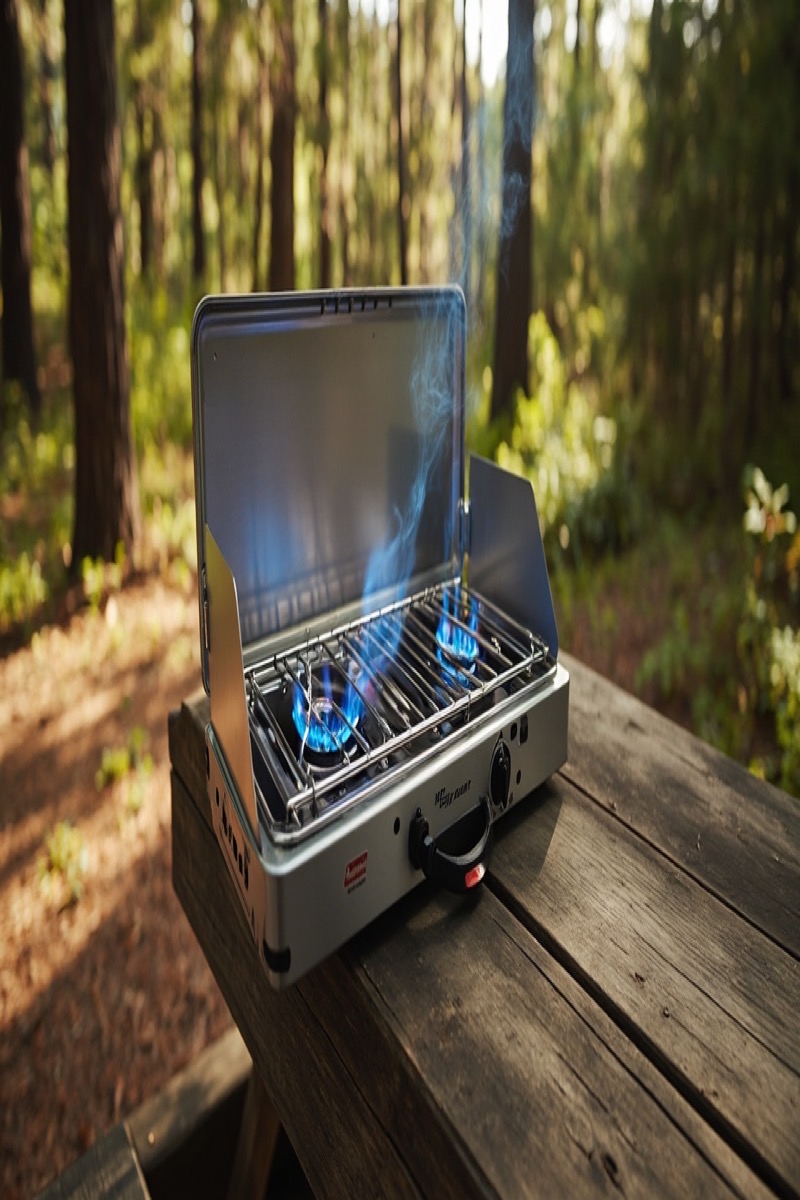 Coleman Triton 2-Burner Propane Stove with wind guards open on a picnic table