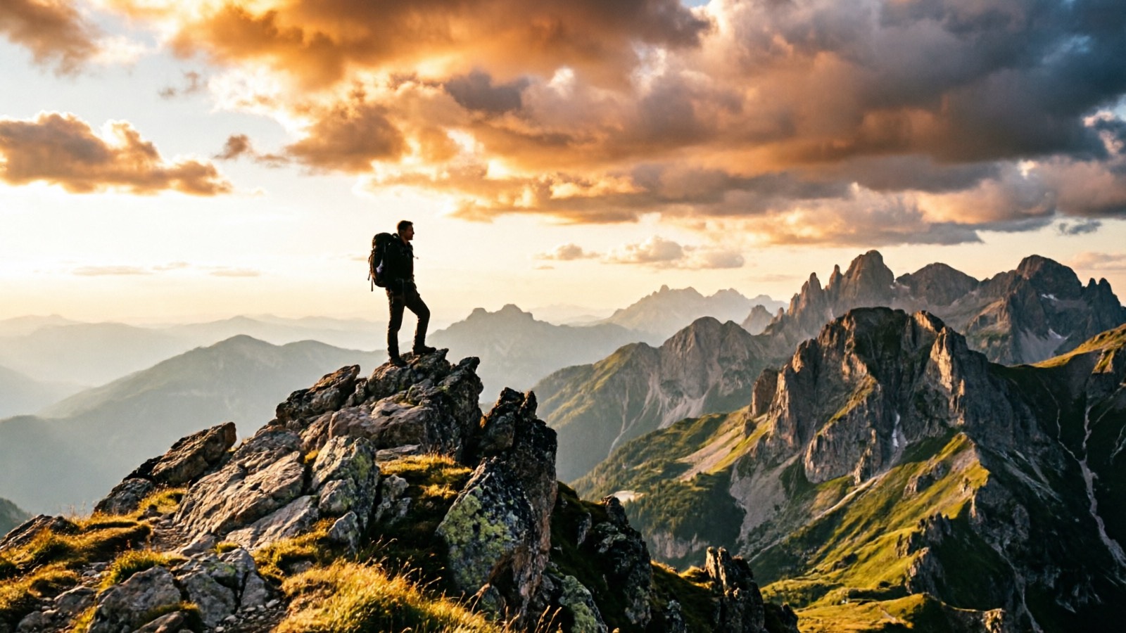 Backpacking conclusion — panoramic summit view with backpacker silhouetted at golden hour