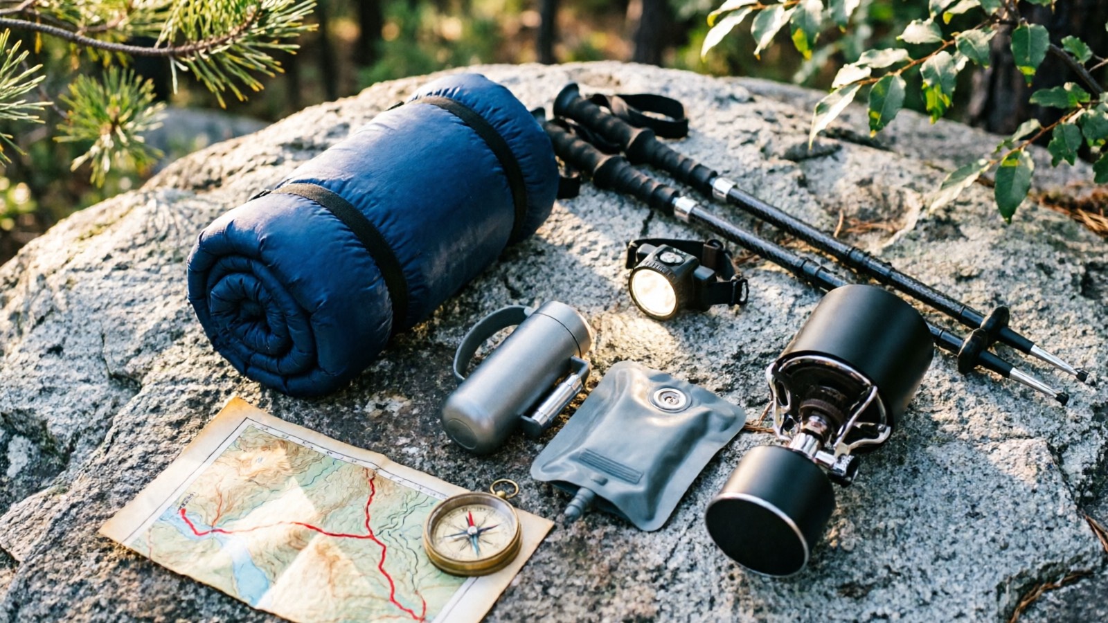 Backpacking gear spread — tent, sleeping bag, pack, water filter, stove on rocky ground