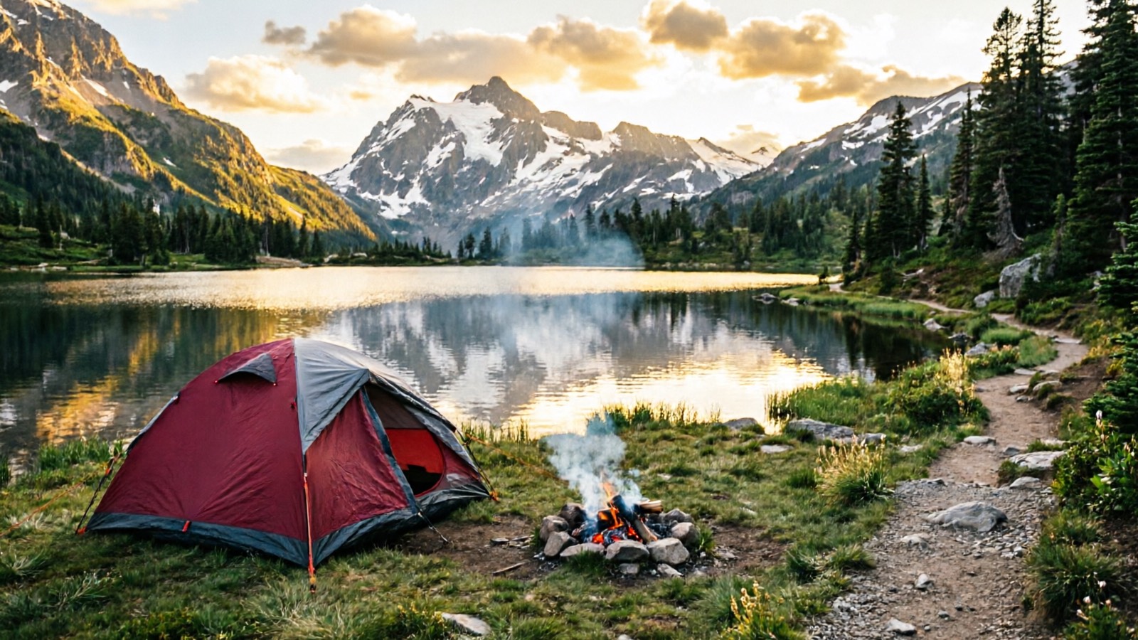 Backpacking trail — alpine lake with tent campsite in meadow