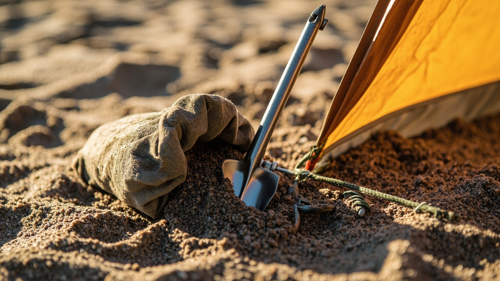 Wet sand sandbag and aluminium stake securing a pop-up beach tent corner in the sand