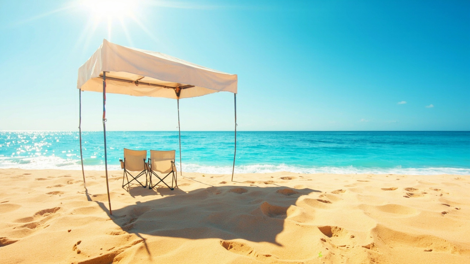Pop-up beach cabana casting deep shade on hot sand, folding chairs underneath, sea behind