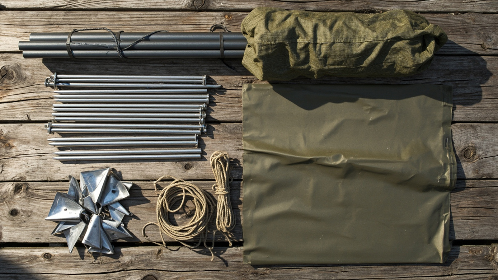 Tent components laid out — poles, stuff sack, stakes, guy line, and a folded groundsheet