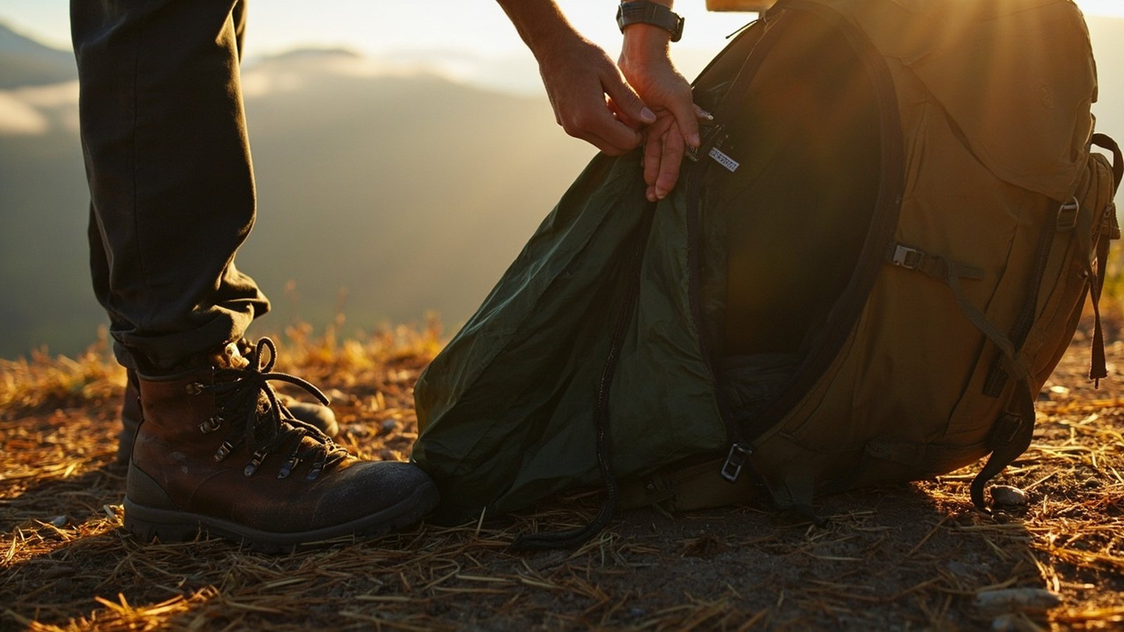 A backpacker packing a small tent into a side pouch at a mountain trailhead