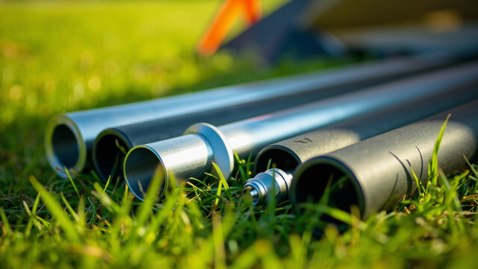 Aluminium and fibreglass tent pole sections with a metal pole connector laid on grass