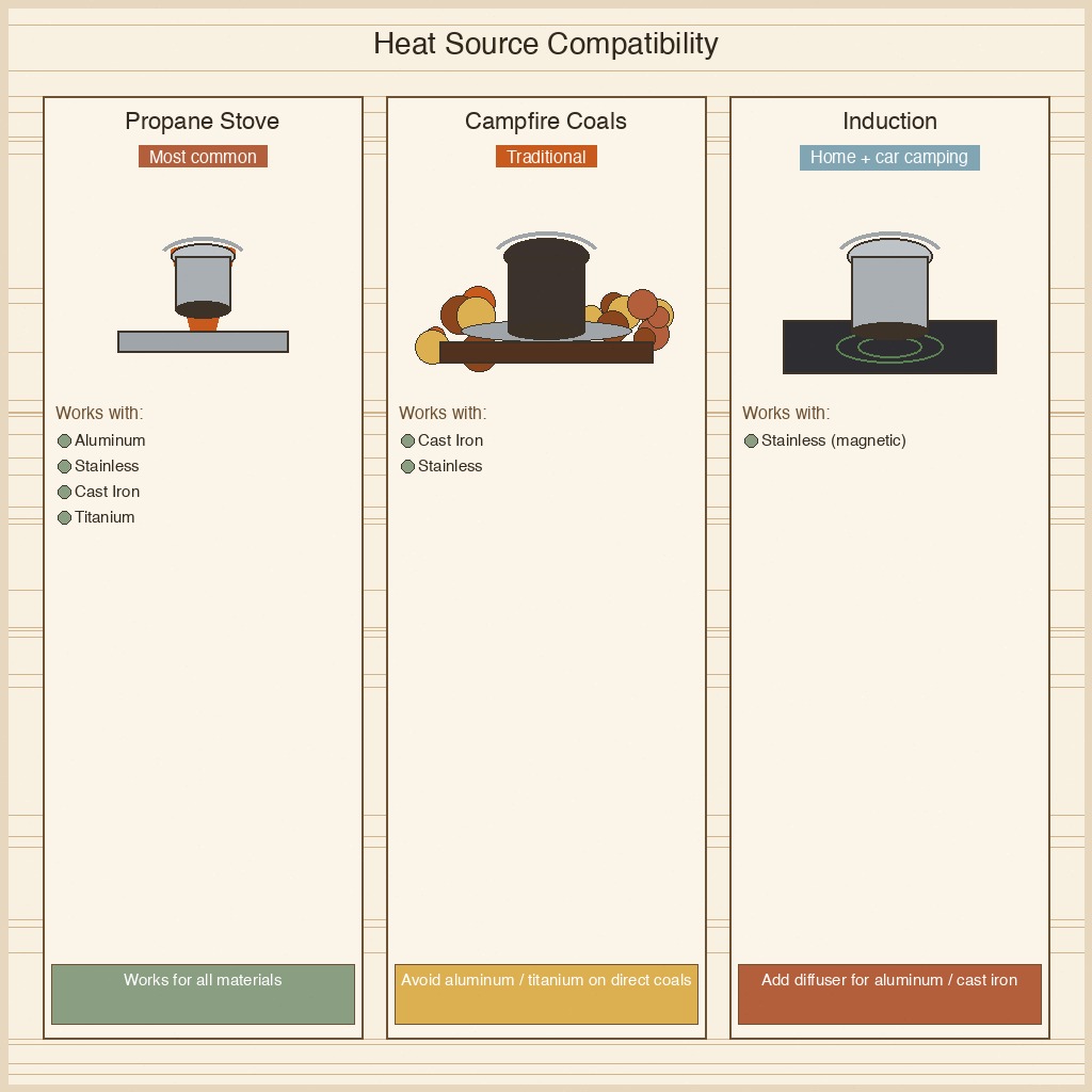 Camping cookware heat source compatibility: propane stoves work for all materials, campfire coals work for cast iron and stainless, induction needs stainless or a diffuser plate