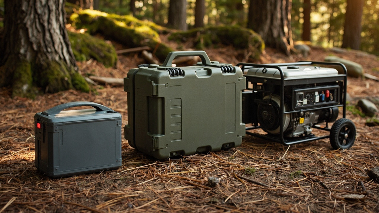Three camping power types side by side: sealed station, closed inverter, and open-frame dual-fuel unit