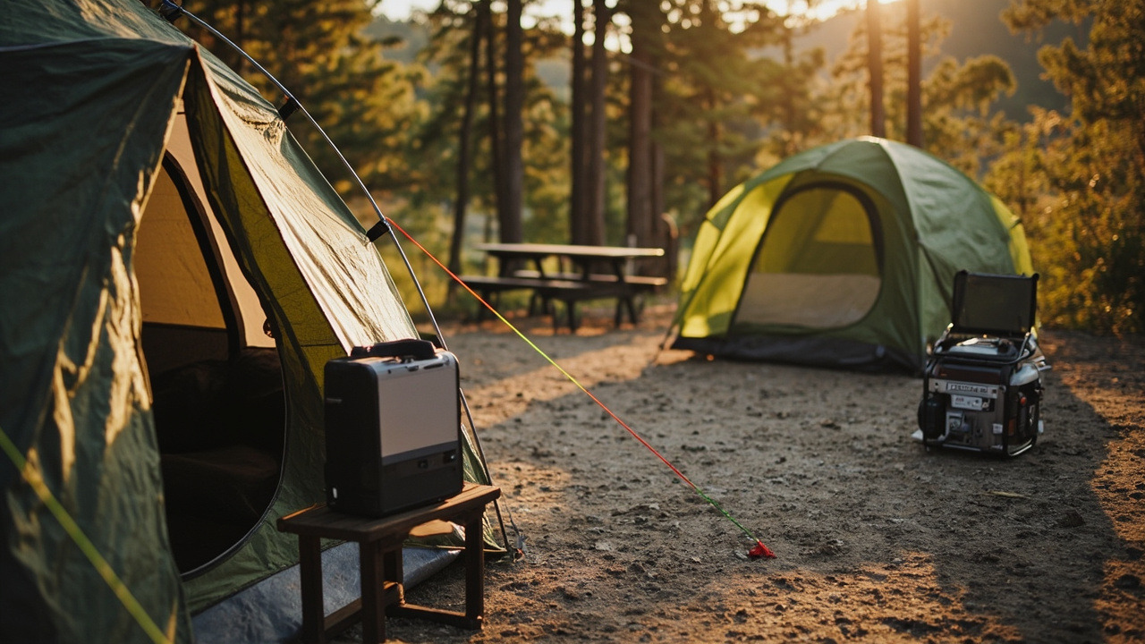 Tent-side solar station versus a gas inverter parked farther down the campsite pad