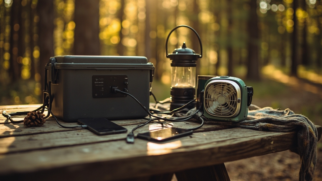 Power station on a picnic table feeding a fan, lantern, and phones
