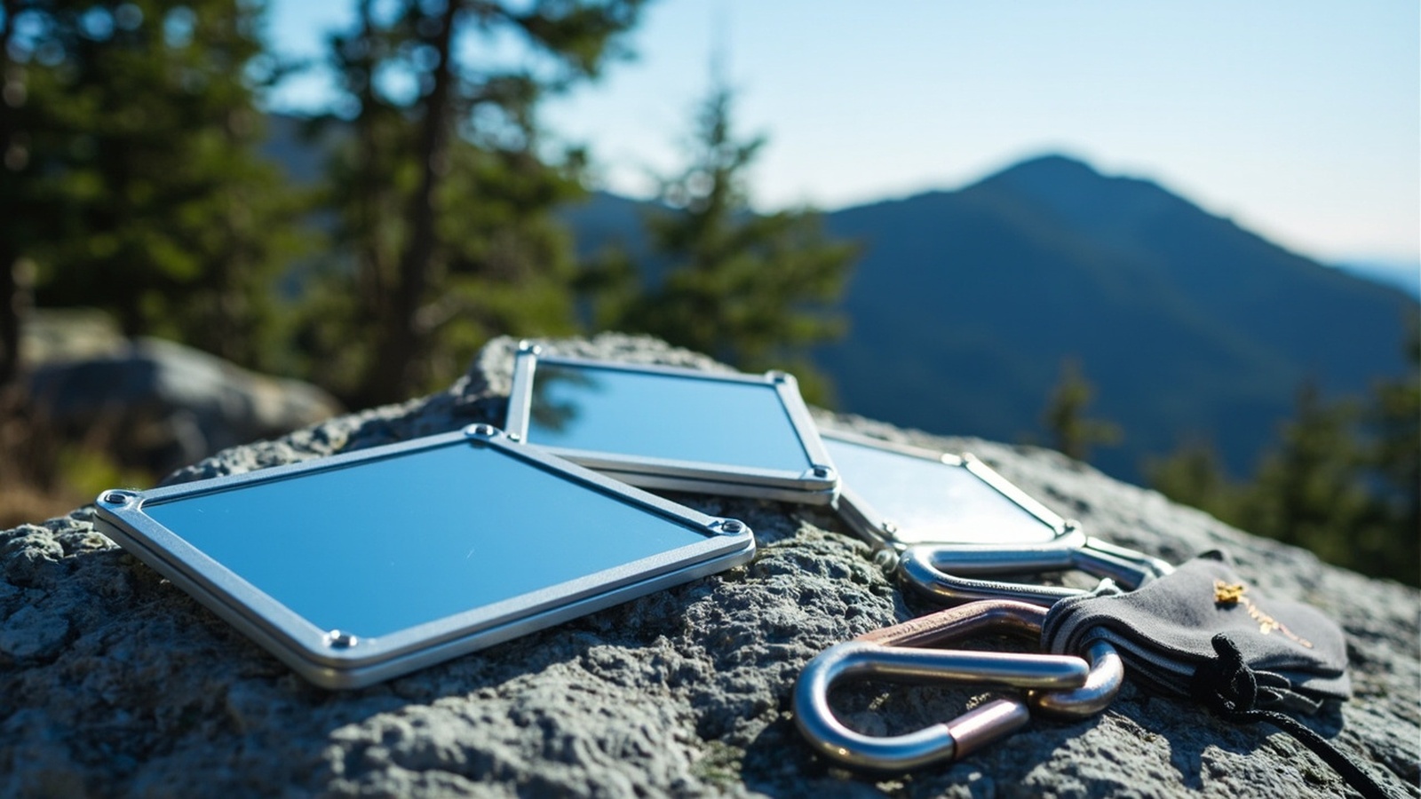 Three ultralight shatterproof pocket mirrors arranged on a granite boulder beside a carabiner, showing different sizes and finishes for backpacking
