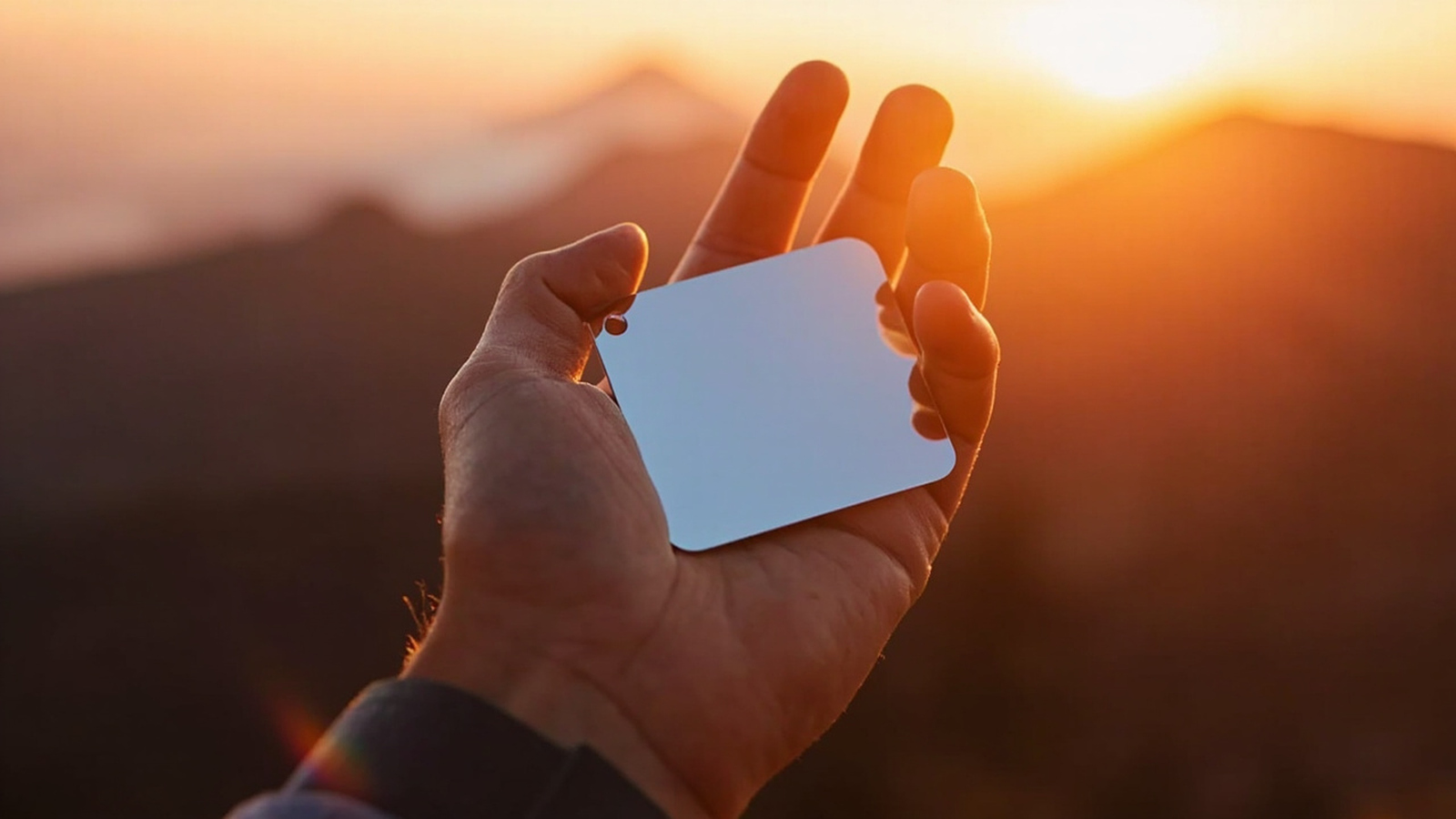 Small ultralight 0.3 oz silvered acrylic signal mirror held in a hiker's palm at sunrise for emergency signaling