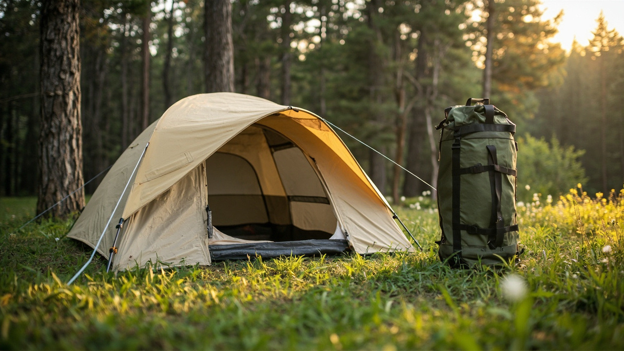 Pitched family camping tent on the left and a packed tent in a cylindrical carry sack on the right, pine forest behind