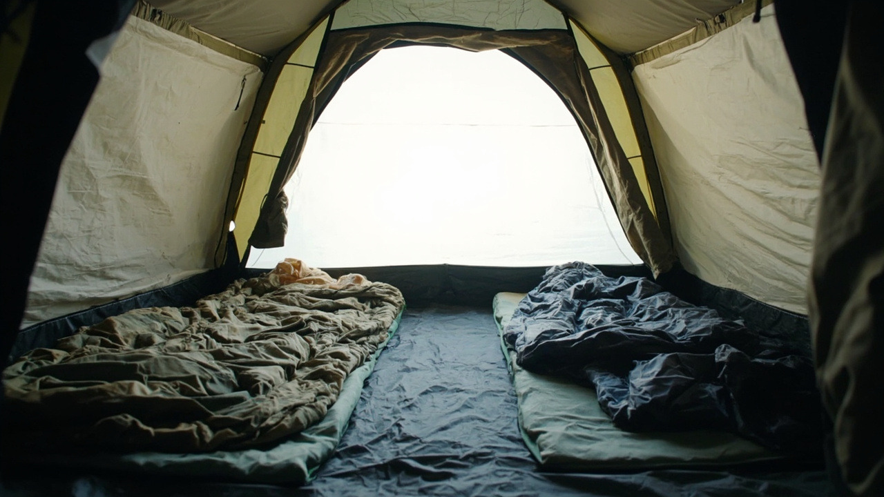 Inside a family camping tent: two sleeping pads with bags and leftover empty floor between them
