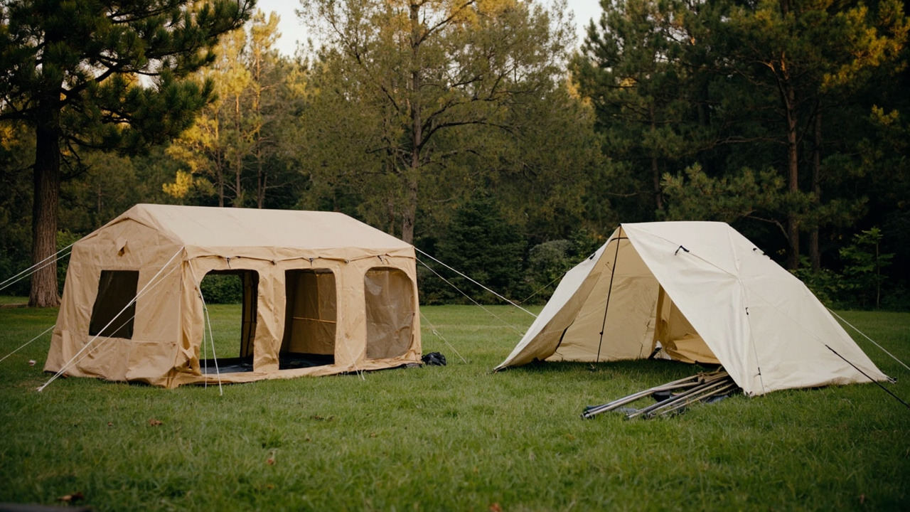 Instant cabin tent standing on the left and a traditional pole tent on the right, with spare poles on the grass