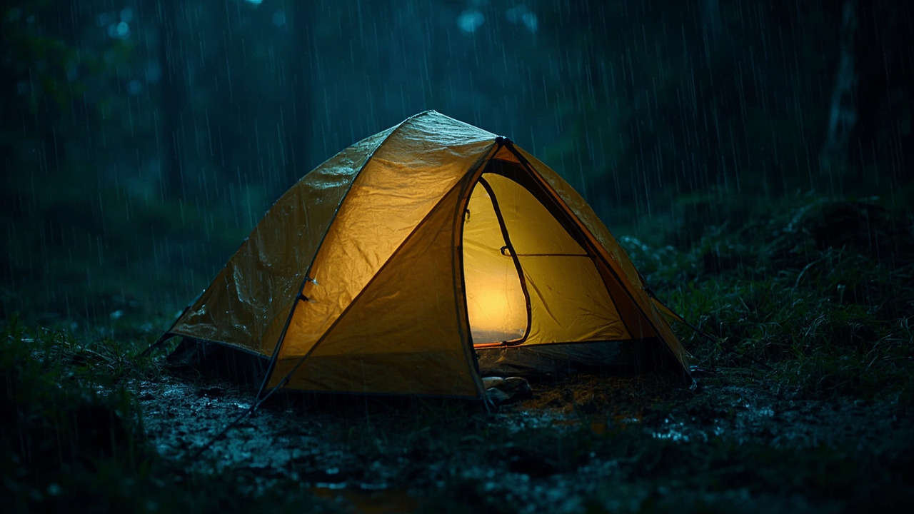 Pitched camping tent in rain at night with rainfly buckled, wet ground, and lantern glow inside