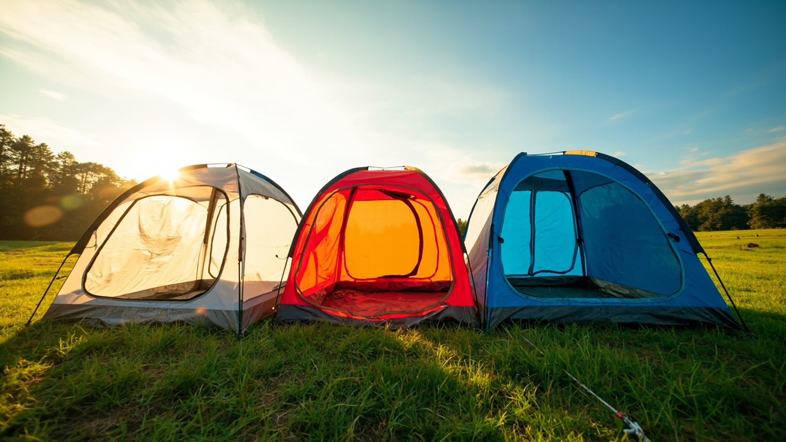 Three pop-up canopies set up side by side at a campsite showing size comparison