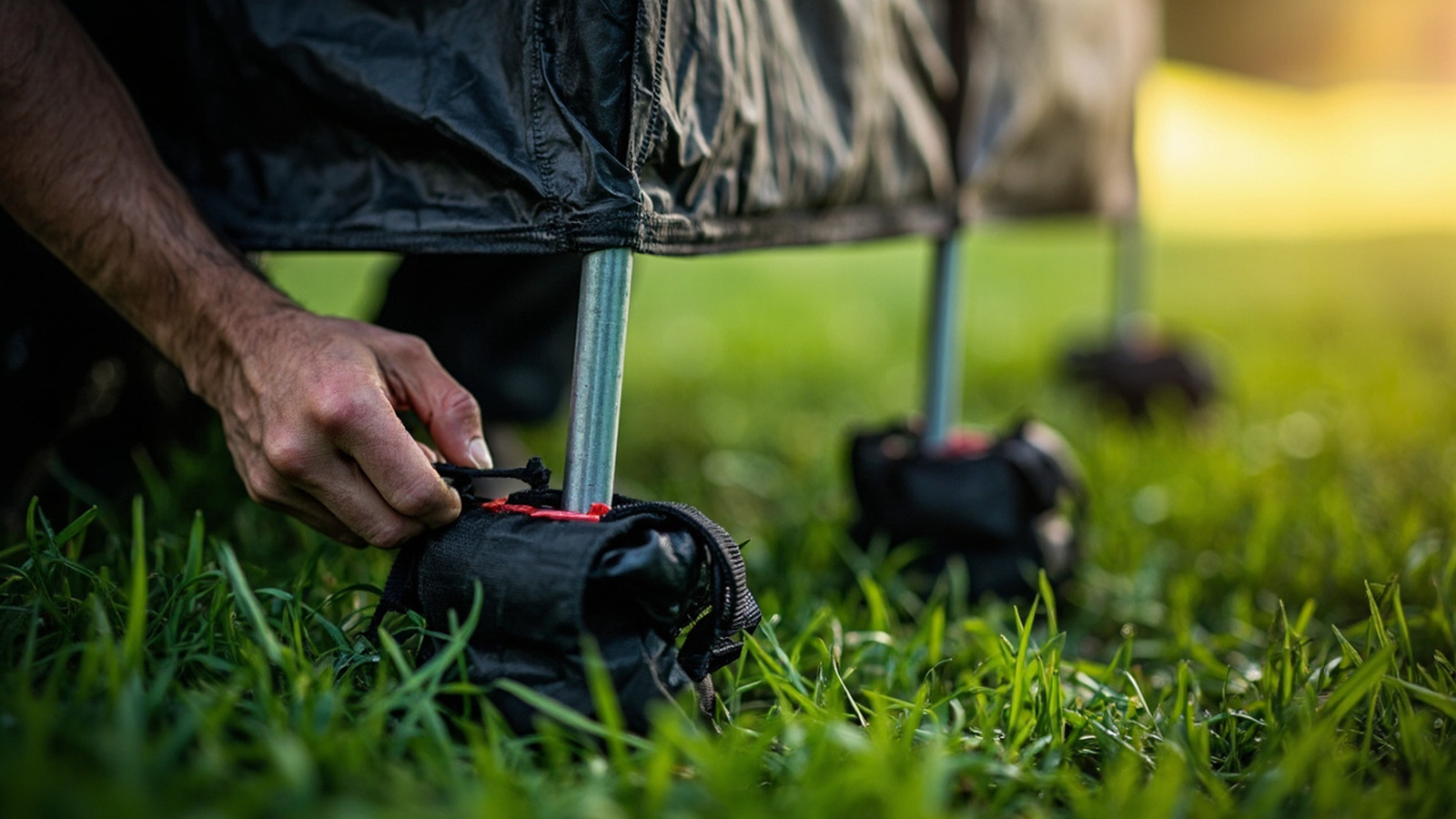 Stakes and weights placed around a deployed canopy base showing correct placement