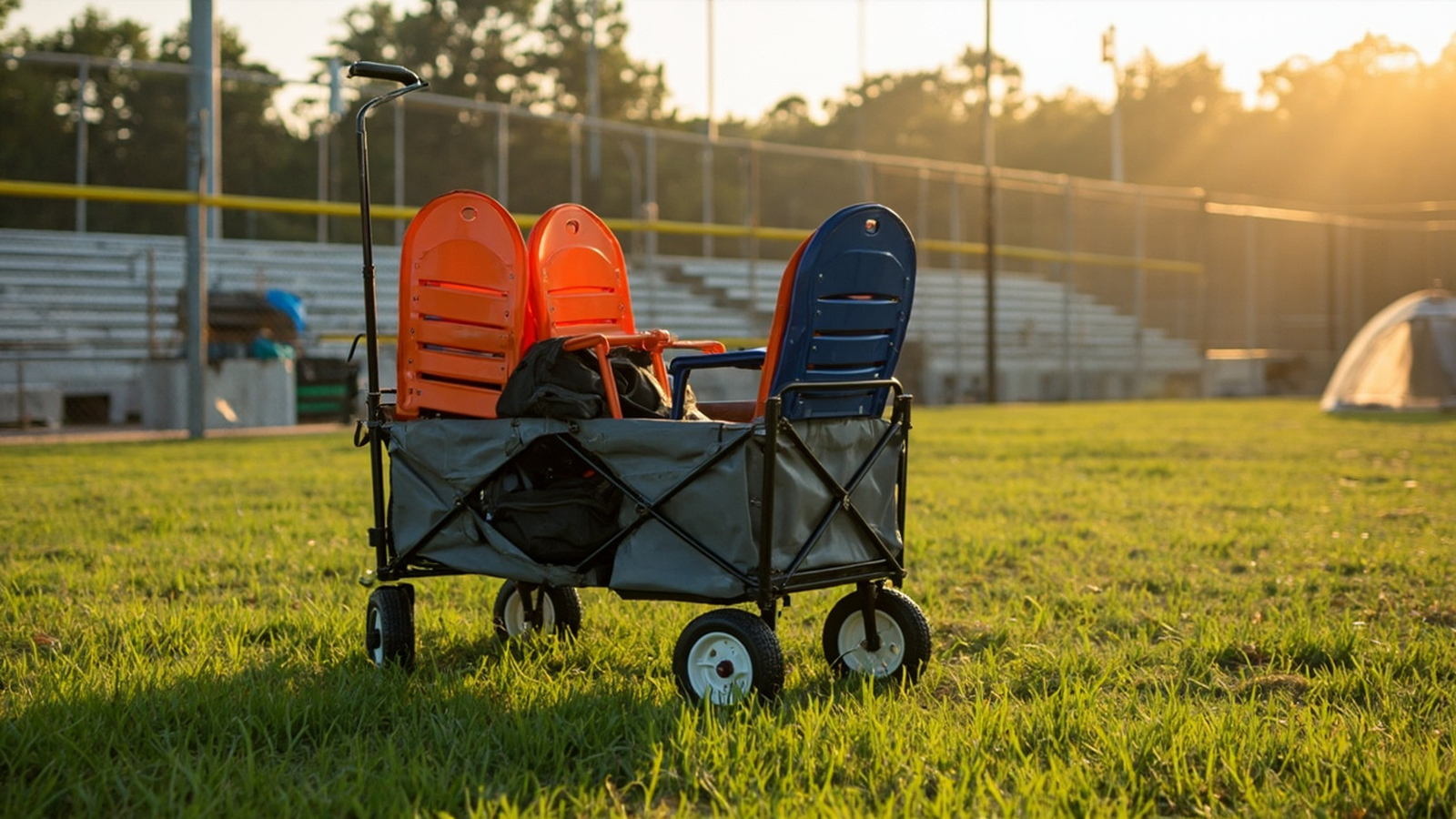 Folding wagon loaded with sports chairs and an equipment bag at a softball field, canopy and bleachers behind