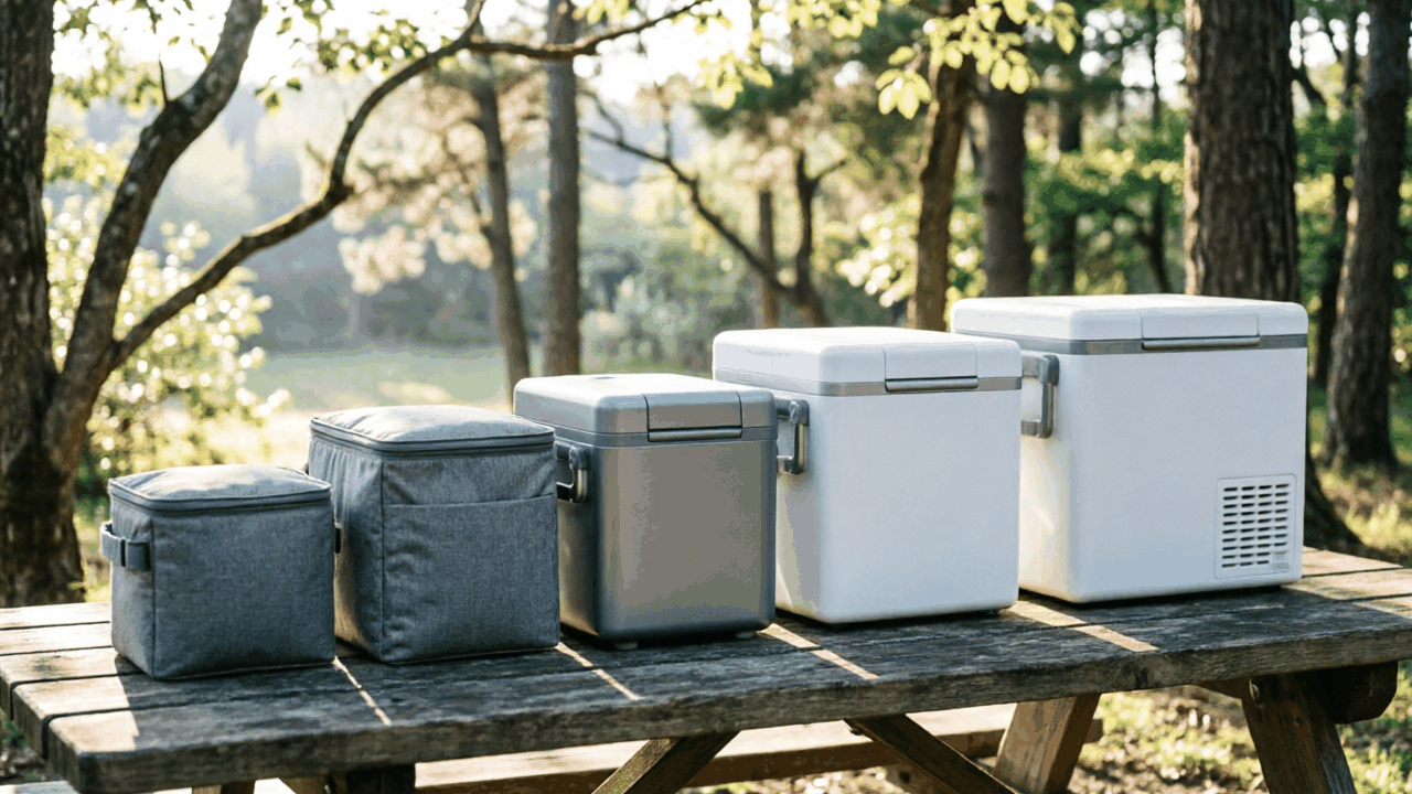 Comparison of six electric camping coolers lined up showing different sizes from compact day-trip bags to large dual-zone compressor units