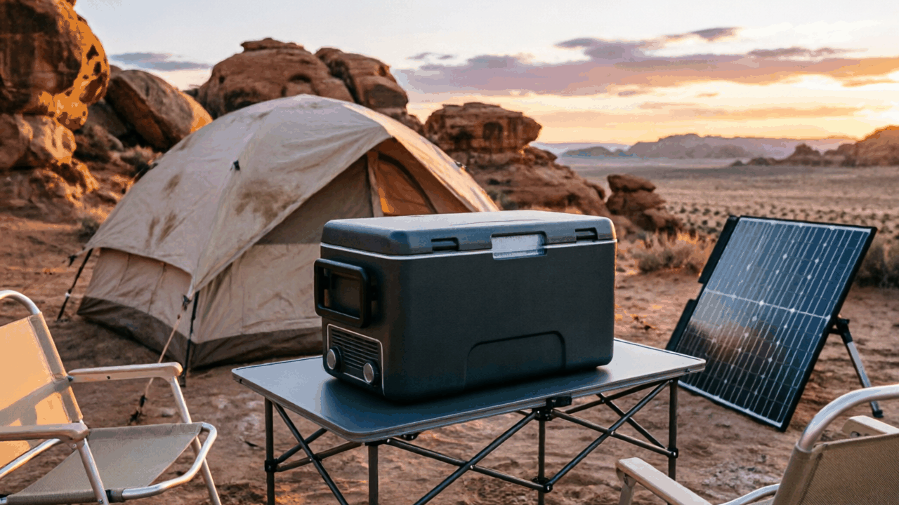 BougeRV RockyV3 55QT dual-zone cooler with built-in battery shown at an off-grid campsite setup with solar panel