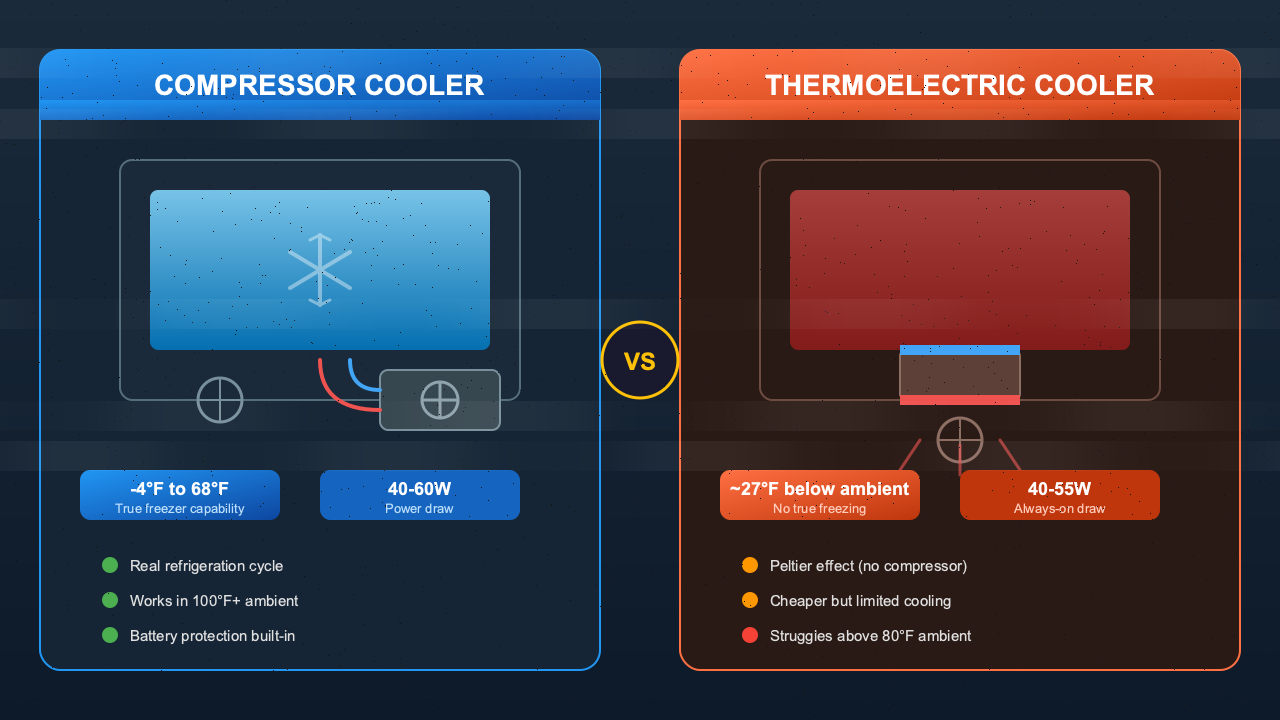 Side-by-side diagram comparing compressor cooler technology with thermoelectric cooling technology showing internal components and temperature ranges