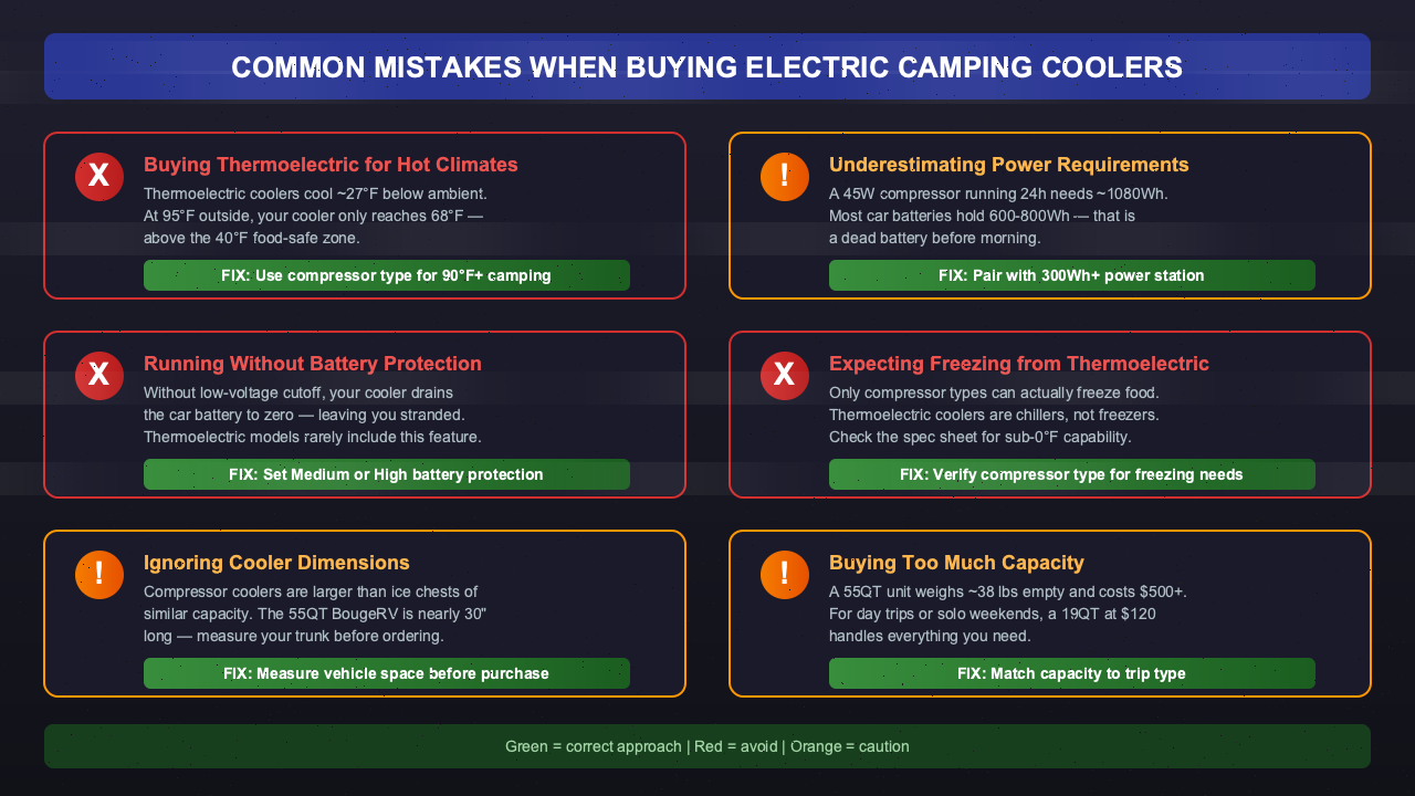 Infographic showing common mistakes when buying electric camping coolers with checkmarks and X marks for thermoelectric vs compressor selection in different weather conditions