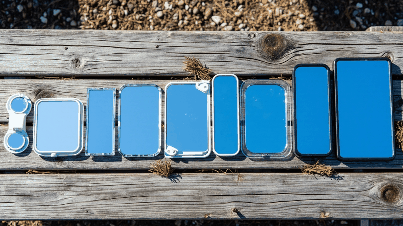 Ten fogless camping mirrors from pocket acrylic to full-face glass laid out smallest to largest on a picnic table