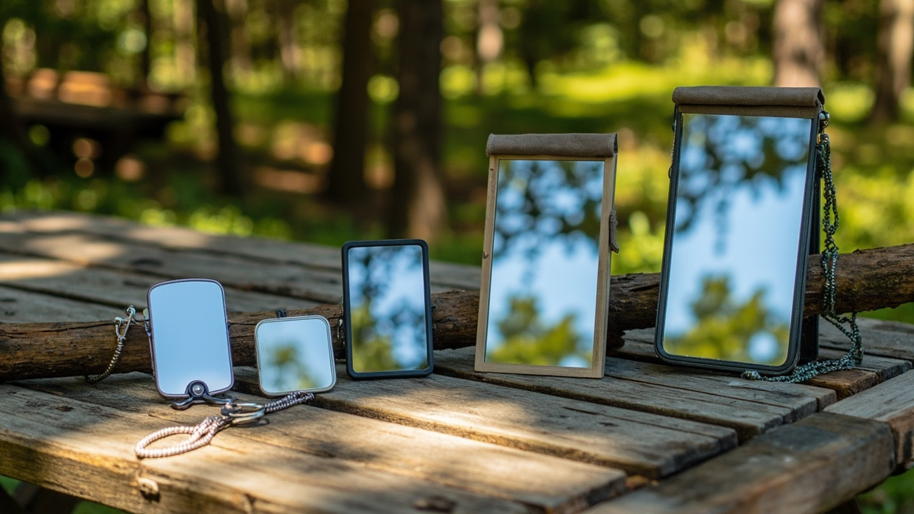 Camping mirrors with chain, carabiner, paracord and handle mounts lined up on a picnic table
