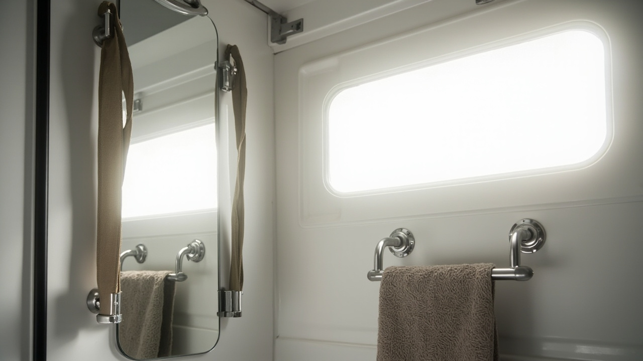 Full-length folding camping mirror hanging by fabric straps from an RV bathroom towel bar