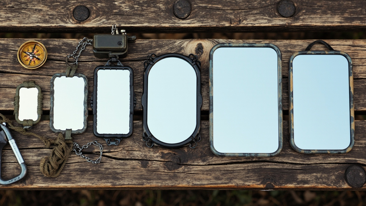 Six camping mirrors from pocket to tabletop size lined up smallest to largest on a picnic table
