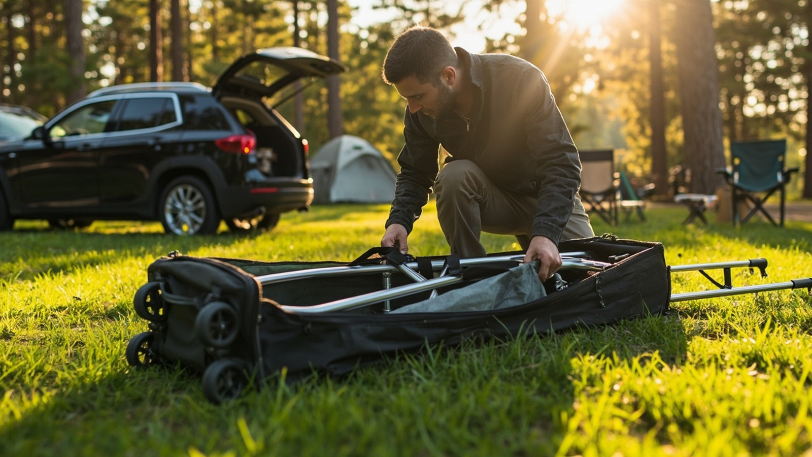 Camper kneeling to load a folded canopy frame into a long wheeled roller bag beside an open SUV at a forest campsite