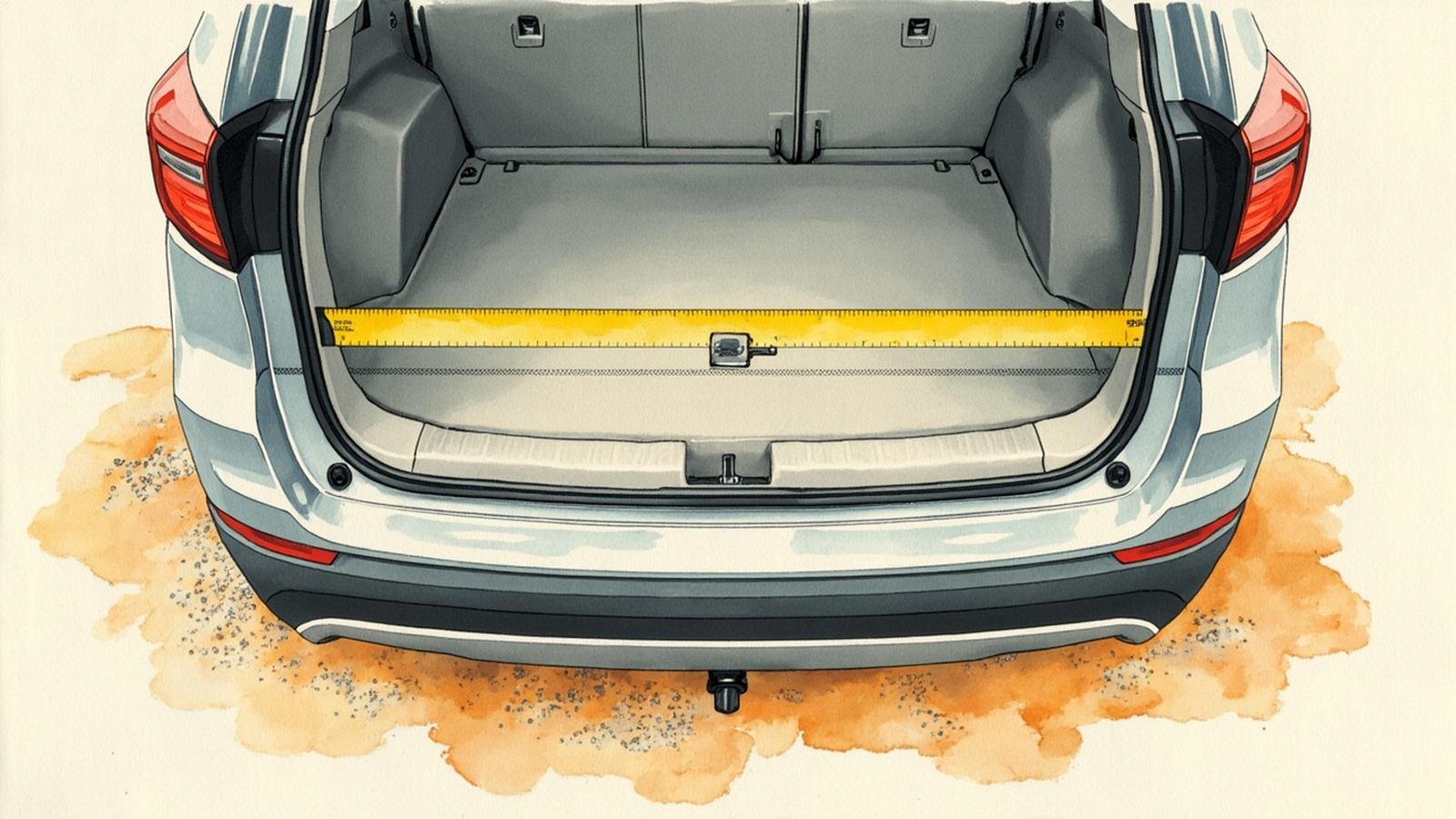 Hand-drawn view of a tape measure stretched across the inner lip of an open SUV hatch, marking the clampable width between the two tail light housings