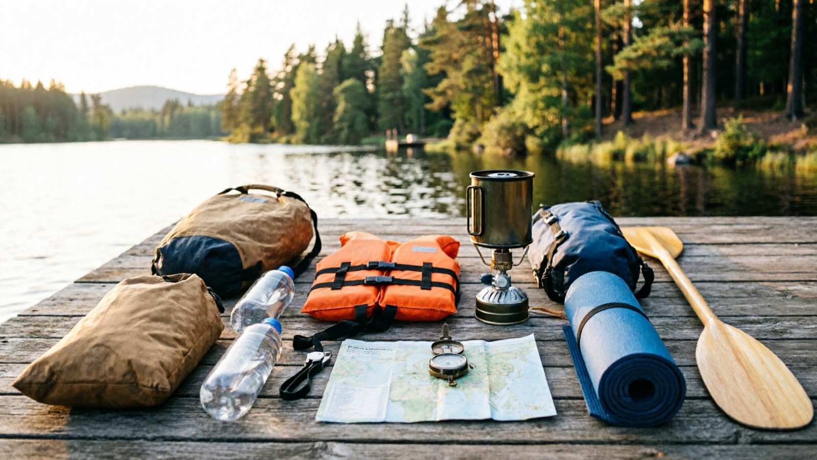 Canoe camping gear spread — dry bags, tarp, water filter, stove on wooden dock