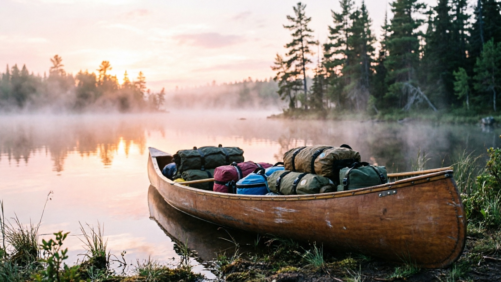 Canoe camping overview — canoe loaded with gear on a misty lake at dawn