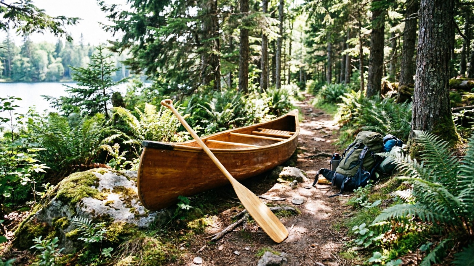 Canoe camping portage — paddler carrying canoe and gear across forest trail