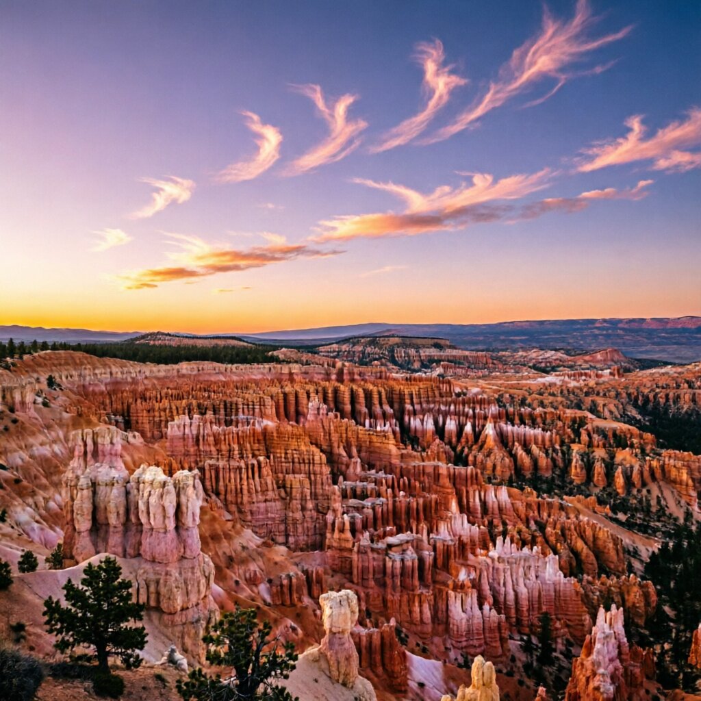Bryce Canyon — hoodoo rock formations at sunrise from rim viewpoint