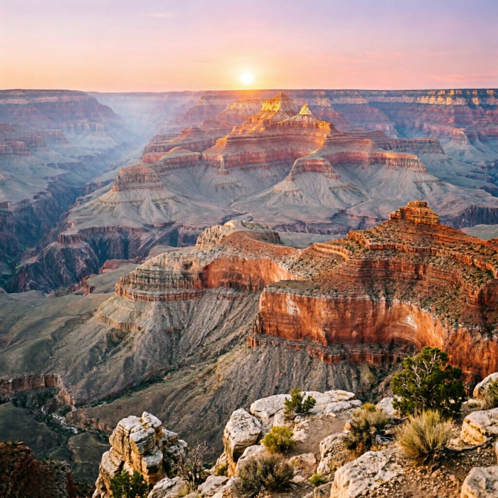 Grand Canyon sunrise — layered rock formations viewed from South Rim