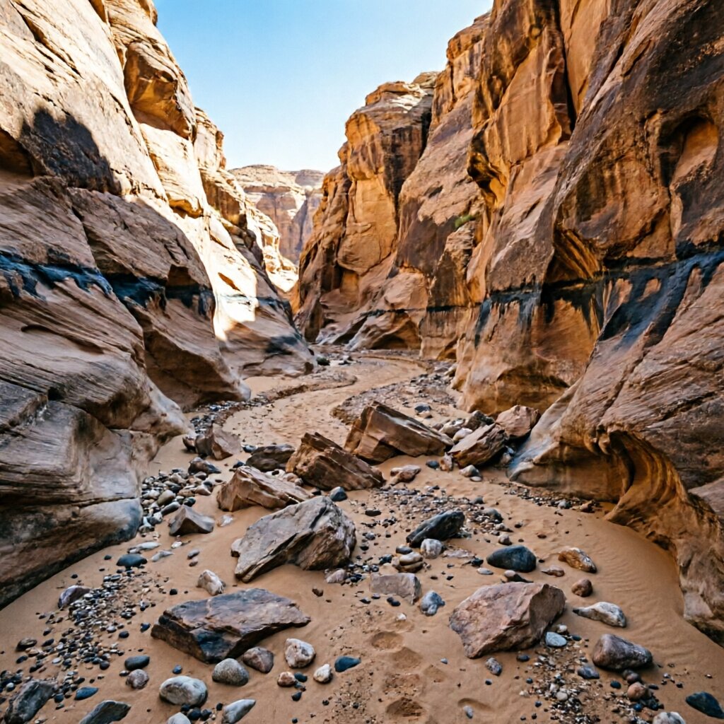 Canyon safety — dry wash bed with high water mark on sandstone walls