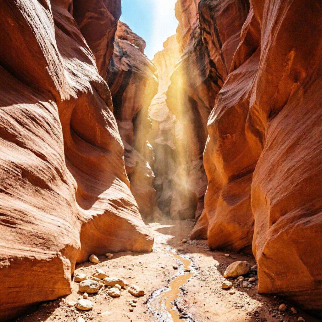 Slot canyon — narrow sandstone passage with sunlight streaming through