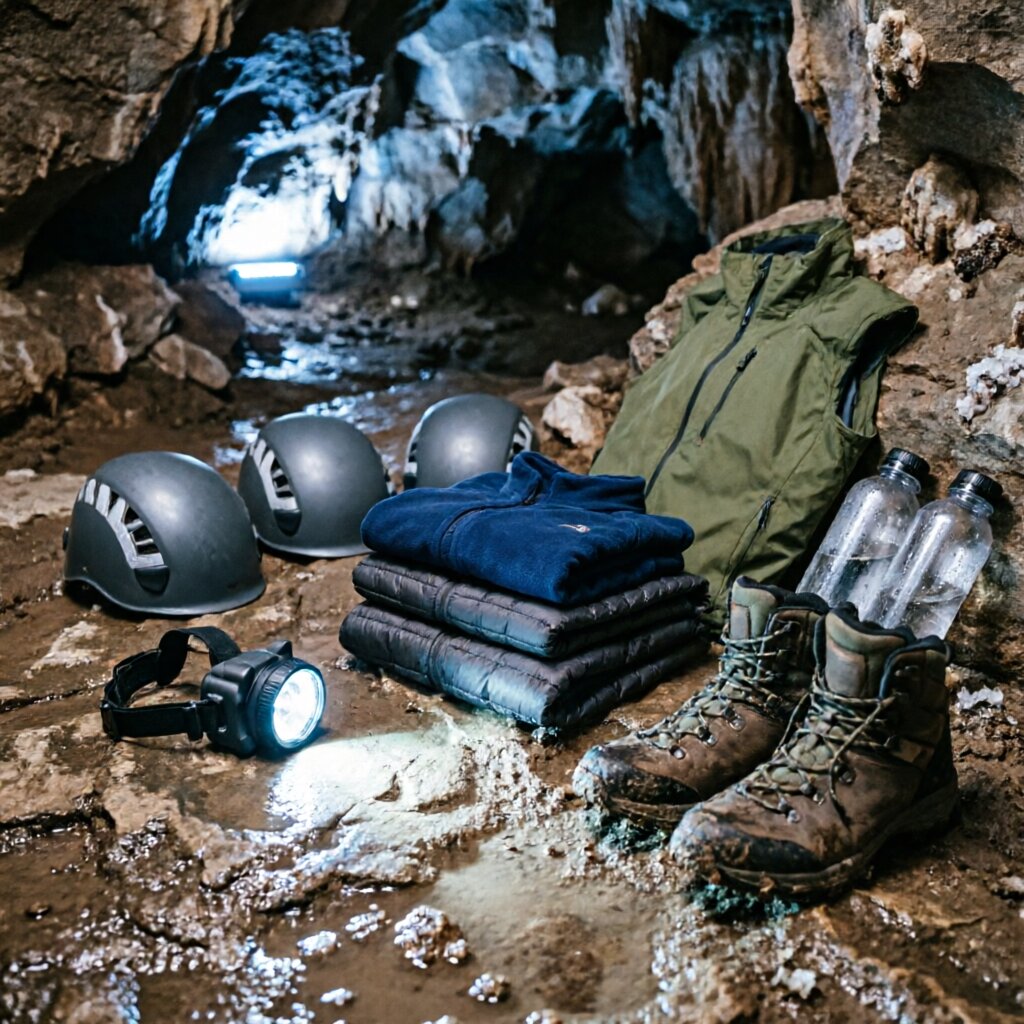 Cave camping gear — headlamp, dry bag, sleeping bag laid out on cave floor