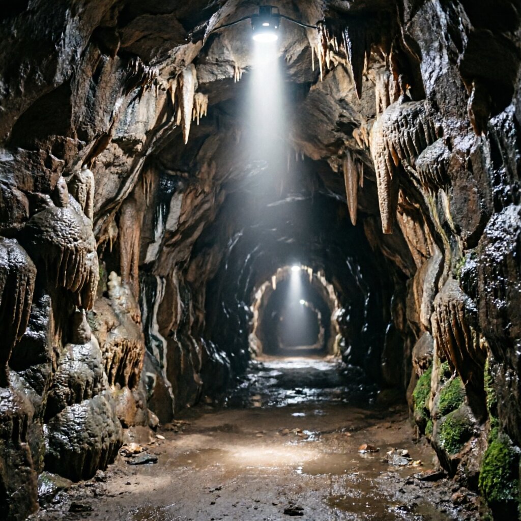 Mammoth Cave — guided tour group walking through vast limestone passage
