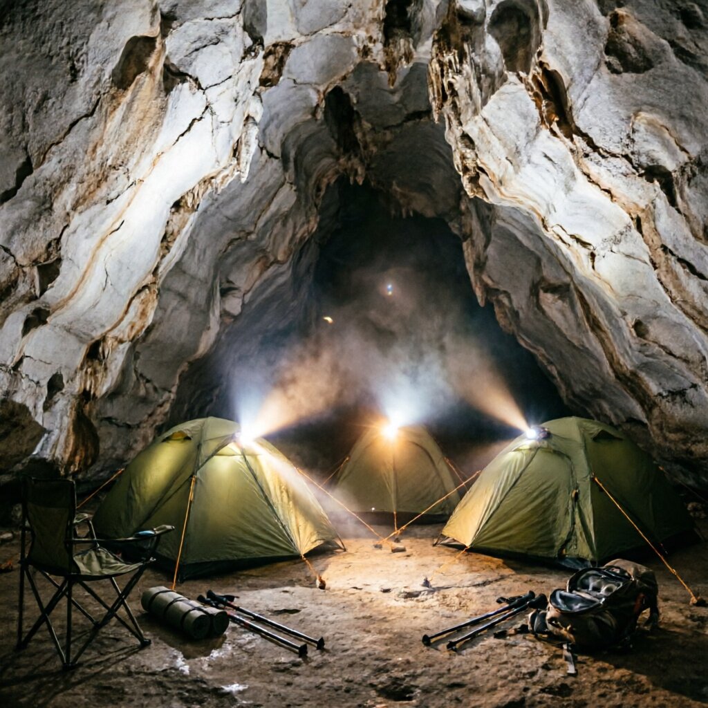 Cave camping overview — headlamp beam illuminating limestone passage underground