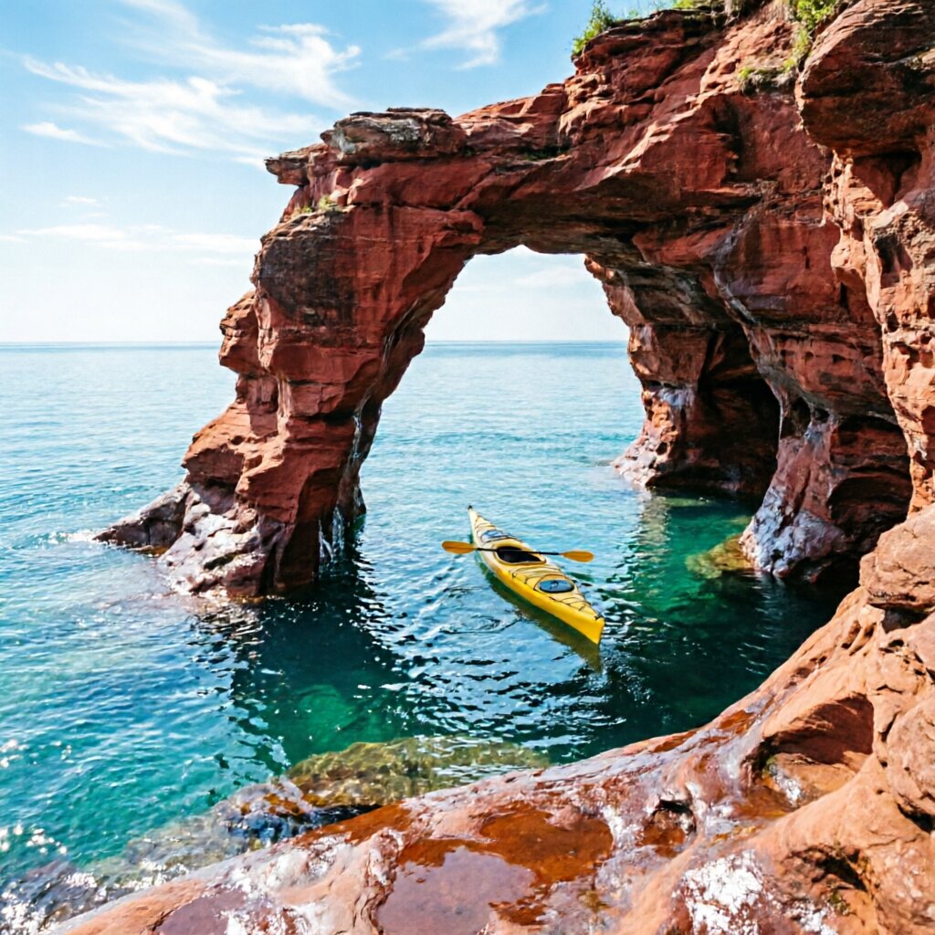 Apostle Islands — red sandstone sea caves with kayaker