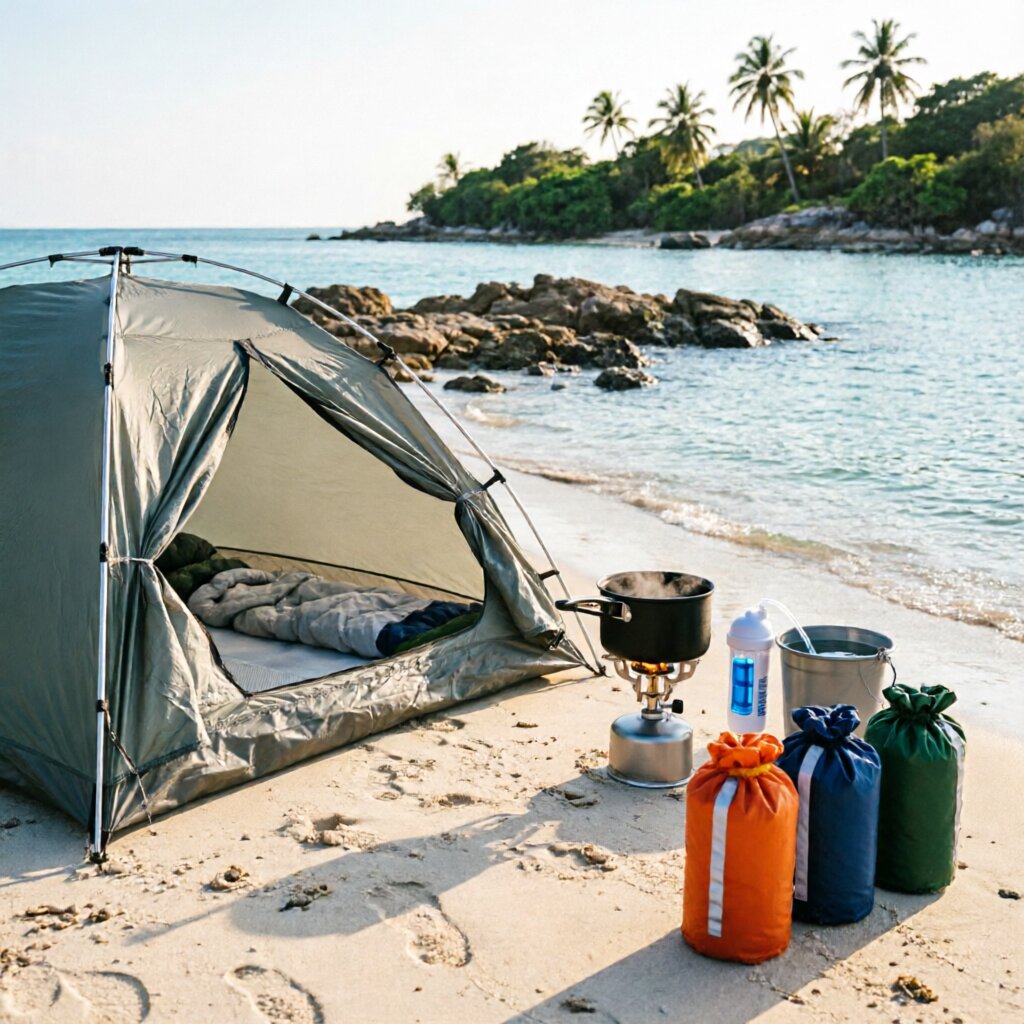 Island camping gear spread — dry bag, sunscreen, headlamp, water shoes on sandy beach