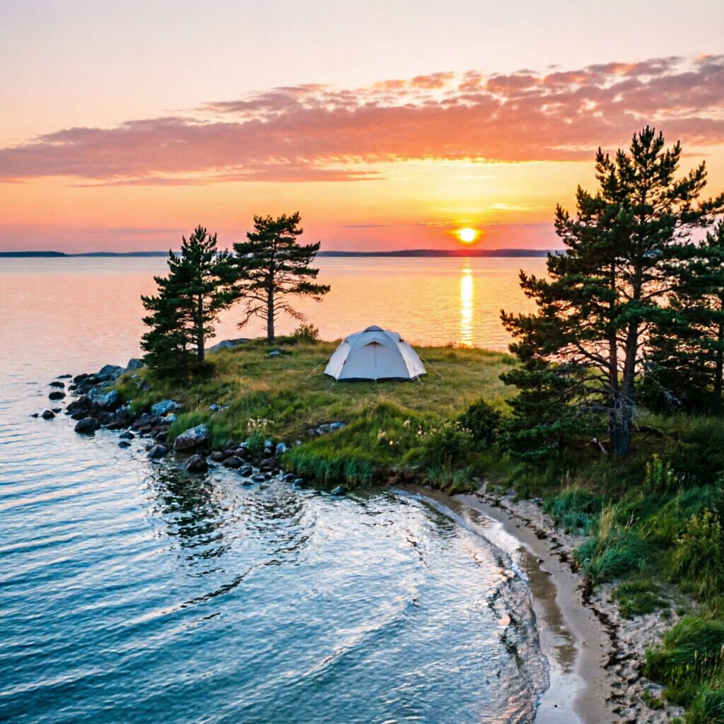 Island camping overview — tent on a rocky island shore with turquoise water and kayak