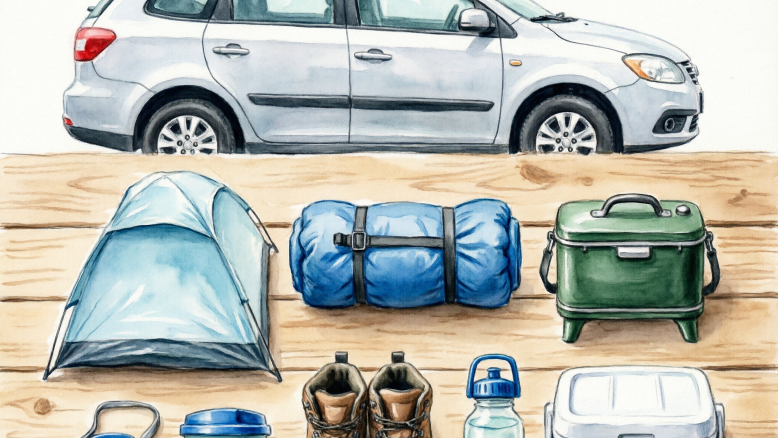 Essential car camping gear laid out for packing