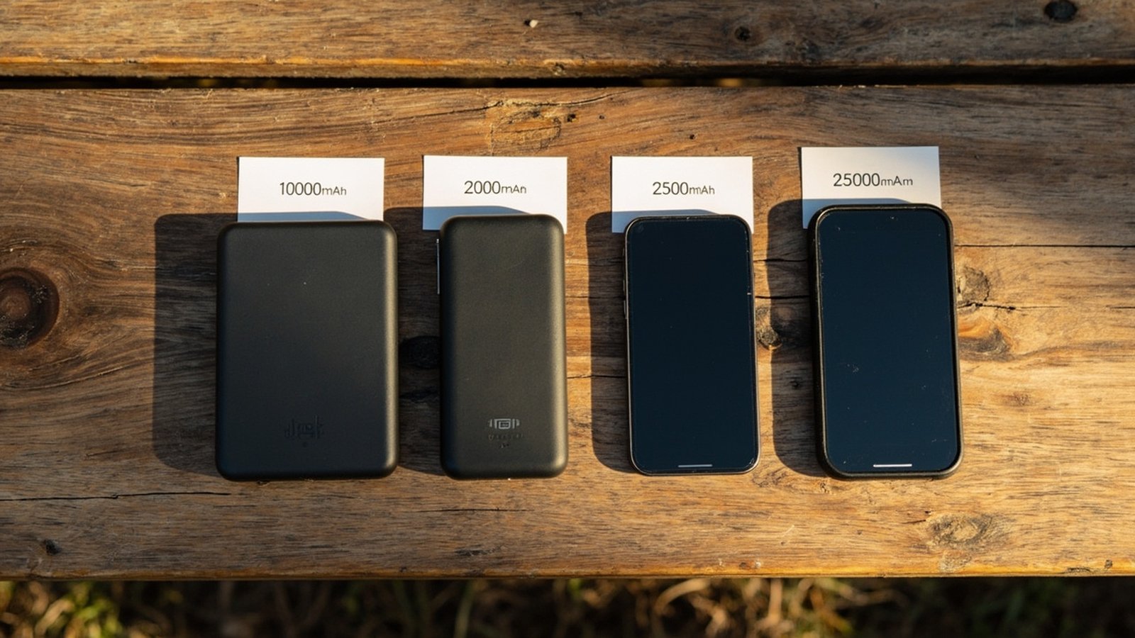 Capacity comparison of different power banks next to a smartphone