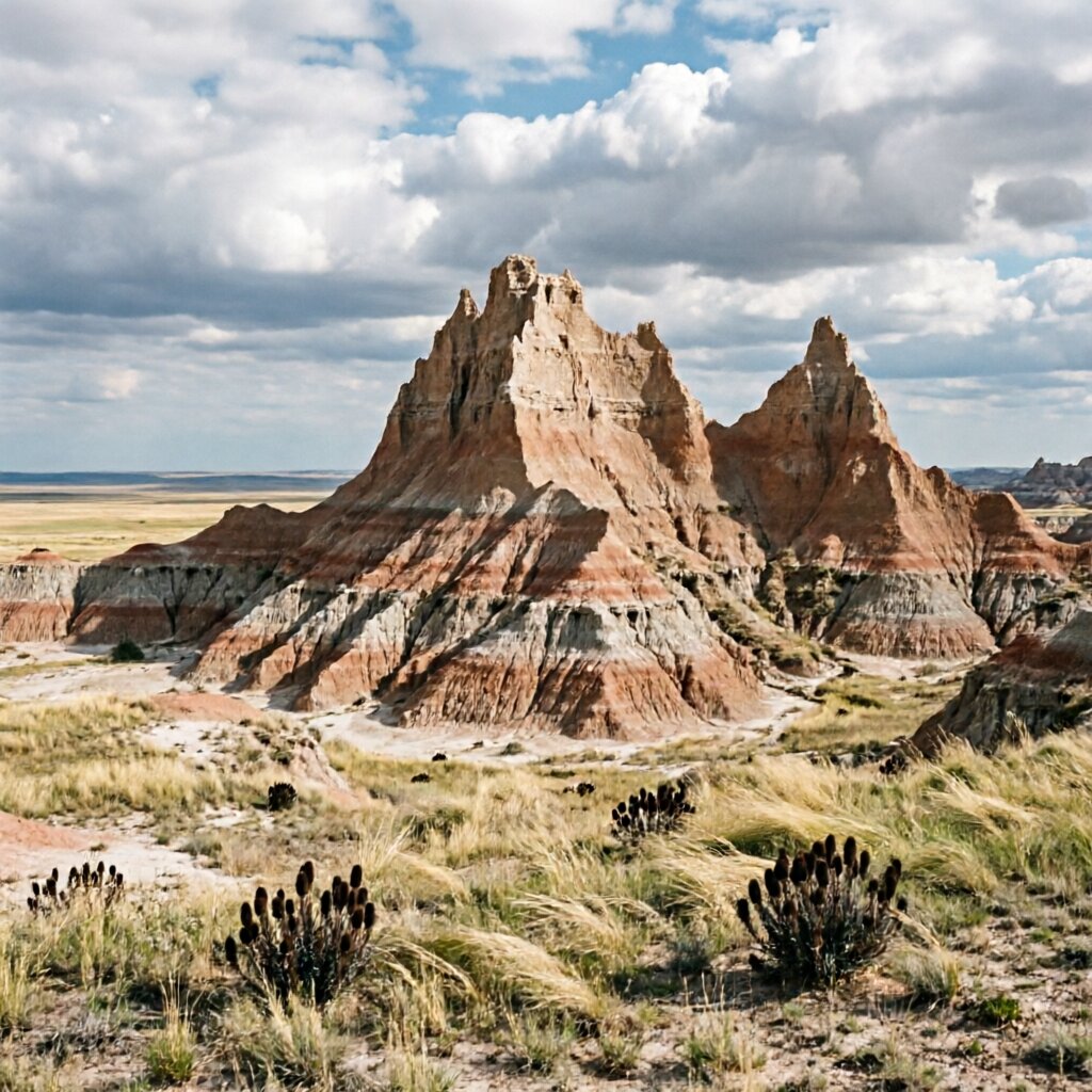 Badlands prairie camping — eroded buttes and mixed grass prairie at sunset