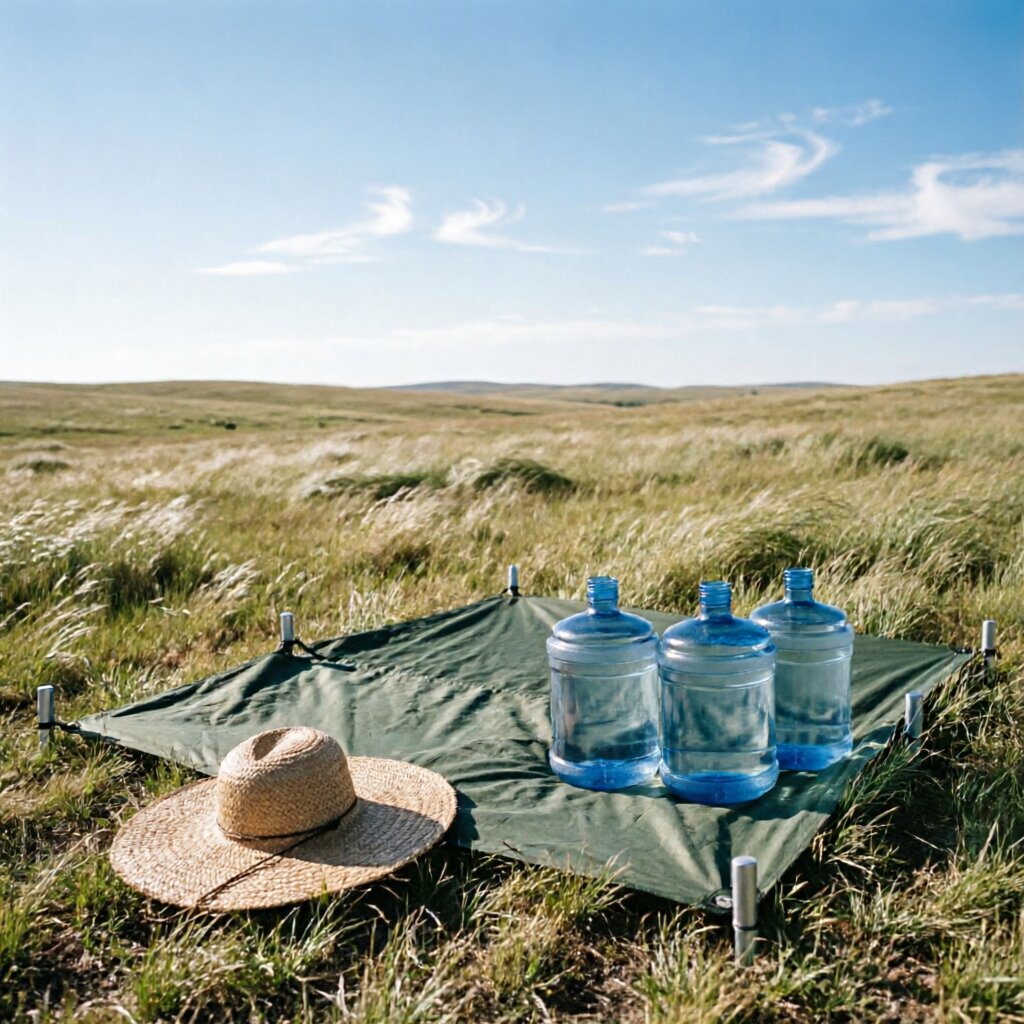 Prairie camping gear spread — sunscreen, bug spray, tarp, dry bag on short grass