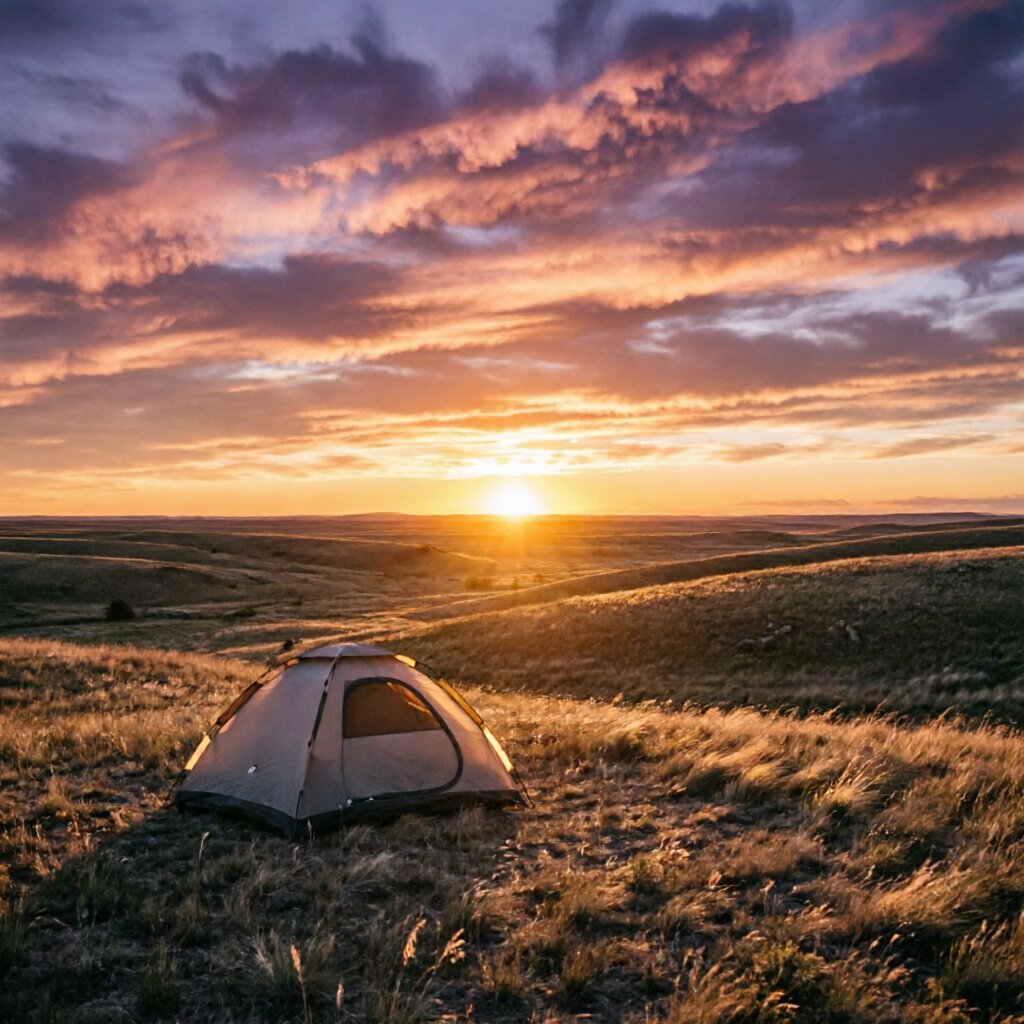 Prairie camping overview — tent on open grassland with vast sky and distant horizon